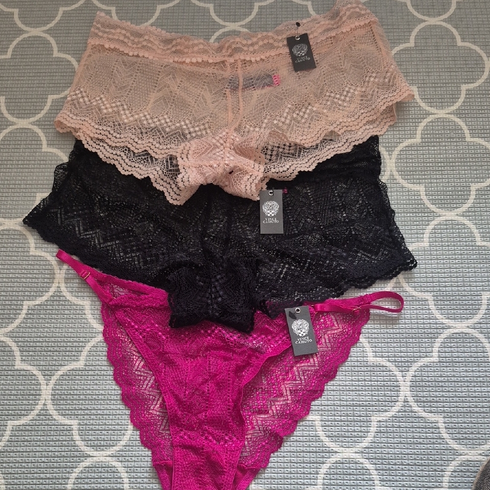 VINCE CAMUTO Lace Panty Trio - Pink, Black, and Cream